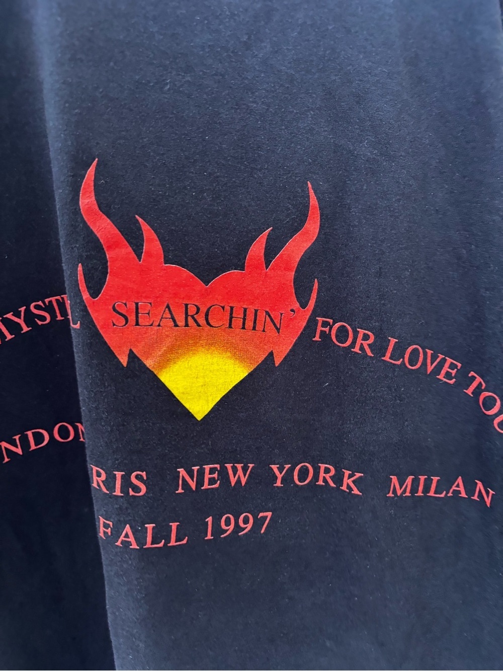 Vintage Versace Black Tee with Red and Yellow Flame Logo Searching for Love - Picture 14 of 15